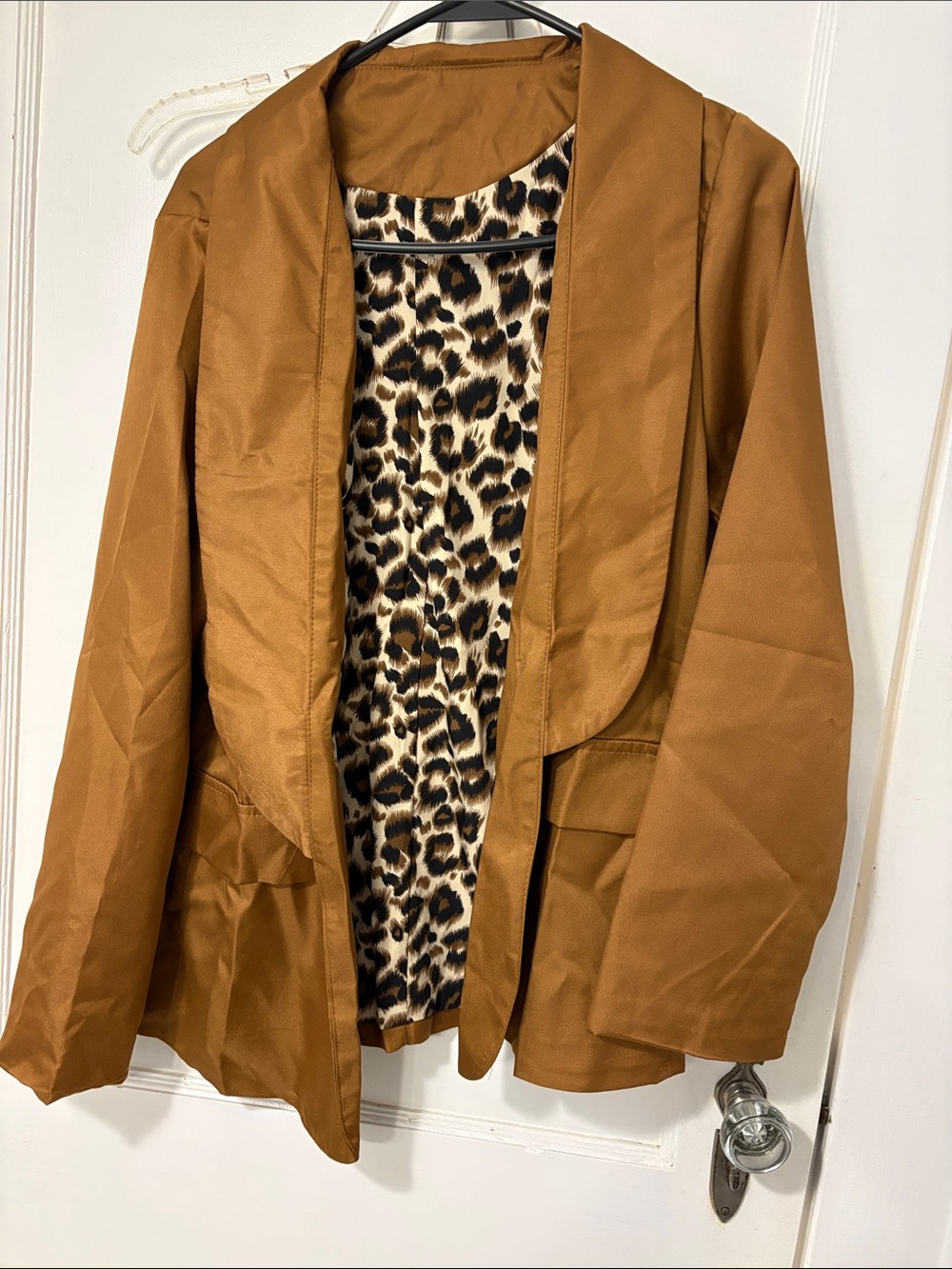 Brown Open-Front Blazer with Leopard-Print Lining